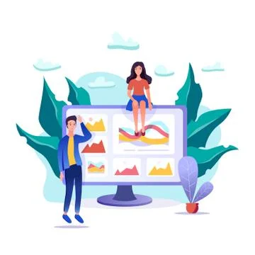 Two young people are analyzing their business process with infographics and d Stock Illustration