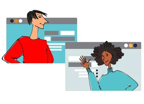 Two Young people in front of a computer screen. Flat style, isolated vector.. Illustrazione stock