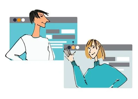 Two Young people in front of a computer screen. Flat style, isolated vector.. Illustrazione stock