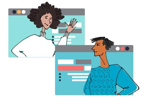 Two Young people in front of a computer screen. line illustrations, Flat styl Stock Illustration