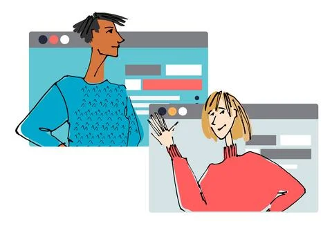 Two Young people in front of a computer screen. line illustrations, Flat styl Stock Illustration