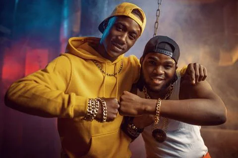 Two young rappers, breakdancing in studio Stock Photos