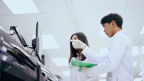 Two young scientist looking at results from automation blood analyzer reported Stock Footage 134057805