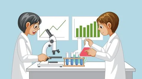 Two Young Scientists Conducting Experiments with Microscope and Chemical Flas Stock Illustration