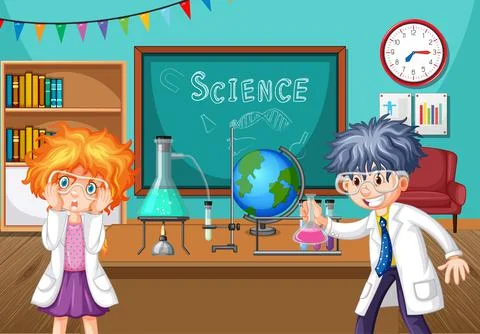 Two young scientists doing chemistry experiment in the classroom Stock Illustration