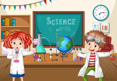 Two young scientists doing chemistry experiment in the classroom Illustrazione stock
