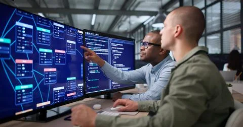 Two Young Software Developers Collaborate Using Visual Workflow Editor On Com Stockfoto's