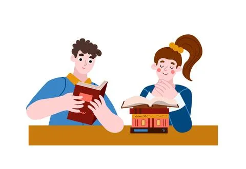 Two young student study at the library Stock Illustration