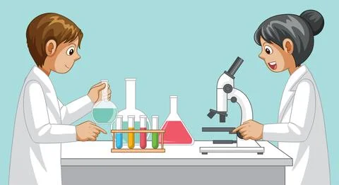 Two Young Students Conducting Science Experiments in a Laboratory Setting Stock Illustration