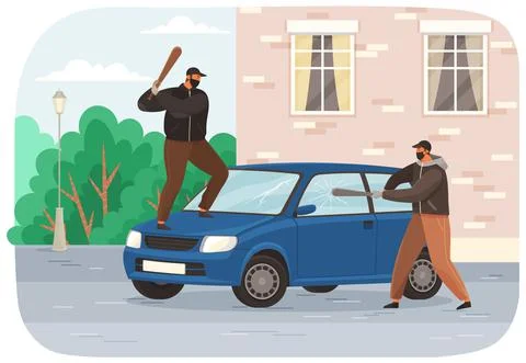 Two young vandals destroy the car. Bandits characters in masks spoil other Stock Illustration