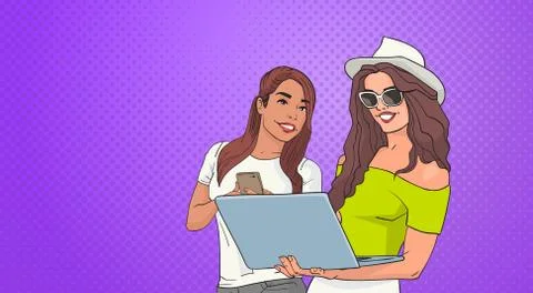 Two Young Woman Using Cell Smart Phone And Laptop Computer Over Pop Art Colorful Stock Illustration