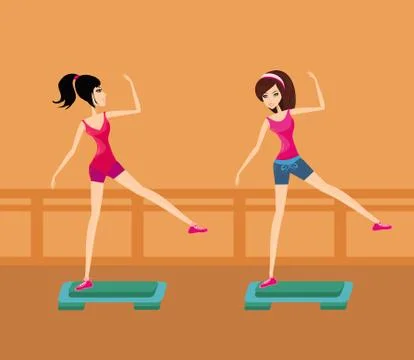 Two young women doing exercise on aerobic step Stock Illustration
