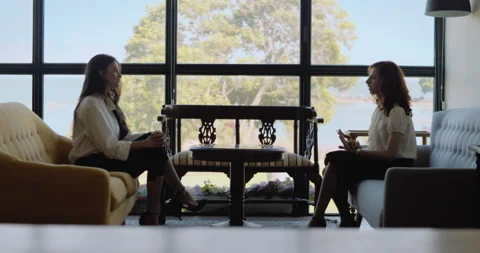 Two young women having a friendly conversation during a business meeting in a Stock Footage 146205259
