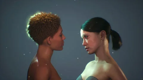 Two young women next to each other, visual contact, emotional eye contact, Stock Footage 164357951