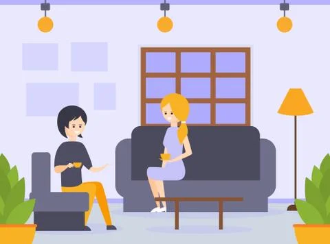 Two Young Women Sitting on Sofas, Drinking Coffee and Talking to Each Other Stock-Illustration