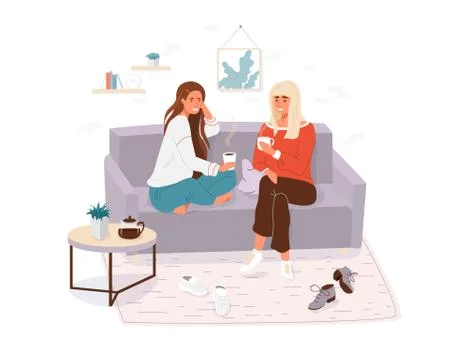 Two young women spending time together. Girls cosy sitting on the couch, talking Stock Illustration