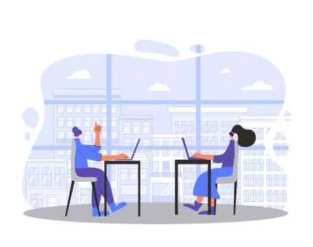 Two young women working on computer near big window. Coworkers sitting at the Stock Illustration