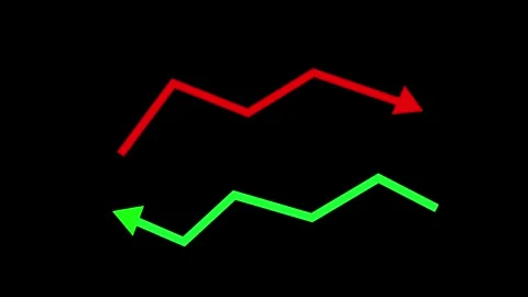 Two zigzag arrow charts upward-right arrow line at top downward-left arrow .. Vídeo Stock 337008999