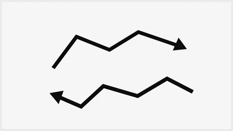 Two zigzag arrow charts upward-right arrow line at top downward-left arrow .. Vídeo Stock 337009007