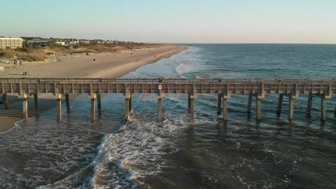 Tybee Island Pier over Atlantic Ocean in Savannah Stock Footage 245454963
