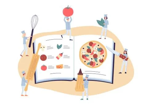 TYiny chiefs making pizza using a recipe book, flat vector illustration isolated Stock Illustration