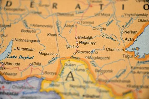 Tynda Highlighted on World Map with Soft Blur Background and Clean Focus Stock Photos
