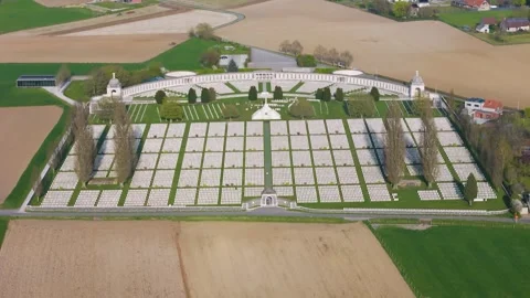 Tyne cot cemetery crisp rectangular layout white headstones intersects dark 動画素材 330726954