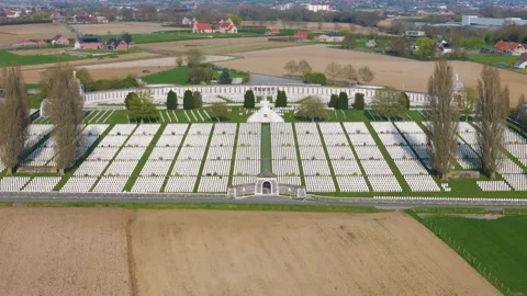 Tyne cot cemetery semi circular memorial wall stone staircase frame thousands Stock Footage 330726461