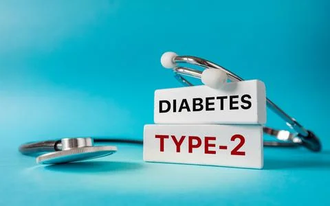 Type 2 diabetes. Text on white blocks, medical equipment. Health concept Stock Photos