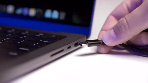 Type-c cable connects to the computer connector Stock Footage 254440582