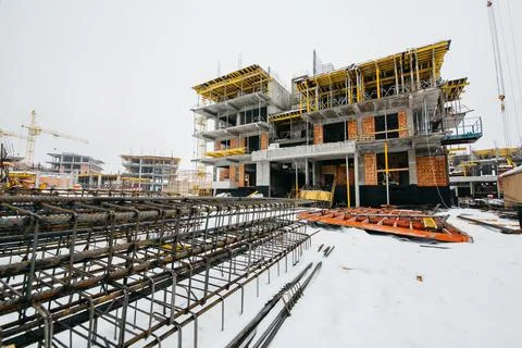 Type of complex engineering construction of houses in winter time Stock Photos