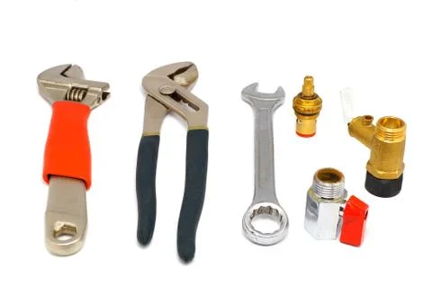 Type of plumbing tools against white background. Stock Photos