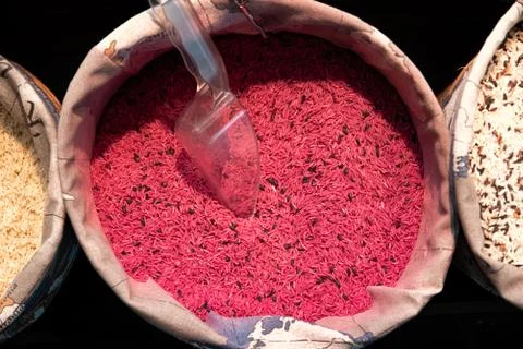 Type of red rice in sack Stock Photos