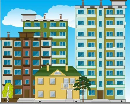 Type on small city and high-rise buildings Stock Illustration
