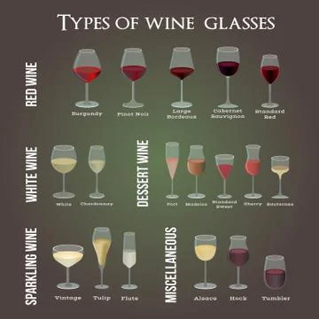Type of wine glasses. For red-, white-, desert- and miscellaneous wines Stock Illustration