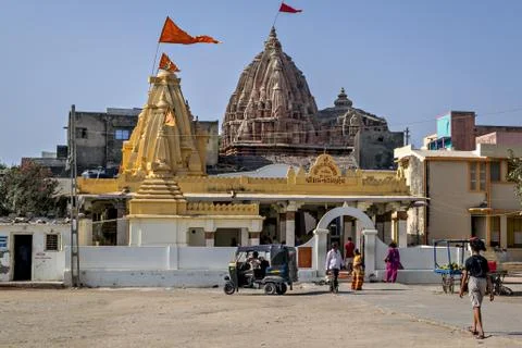 Typecal temple with flags over it in Gujrat state of India. Stock Photos
