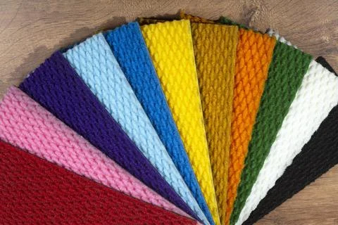 Types and samples of carpets in different colors. Carpets for rooms, apartmen Stock Photos