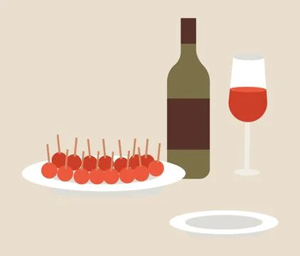 Types of aperitifes vector illustration. Local food emblem. Red wine and snacks Stock Illustration