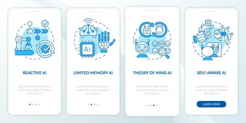 Types of artificial intelligence blue onboarding mobile app screen Illustrazione stock