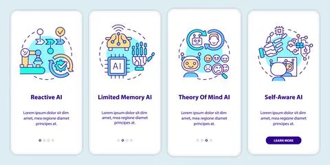 Types of artificial intelligence onboarding mobile app screen Stock Illustration