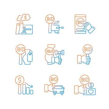 Types of auctions gradient linear vector icons set Stock-Illustration