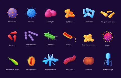Types of bacteria. Disease pathogen. Virus germs. Zika or streptococcus bacte Stock Illustration