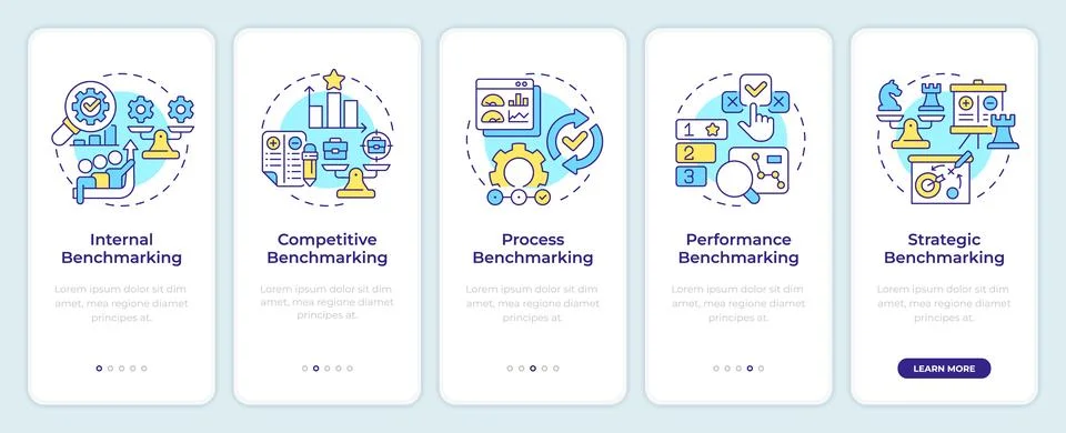 Types of benchmarking onboarding mobile app screen Stock Illustration