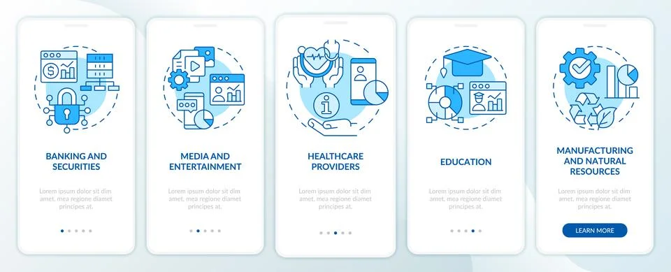 Types of big data applications blue onboarding mobile app screen Stock Illustration