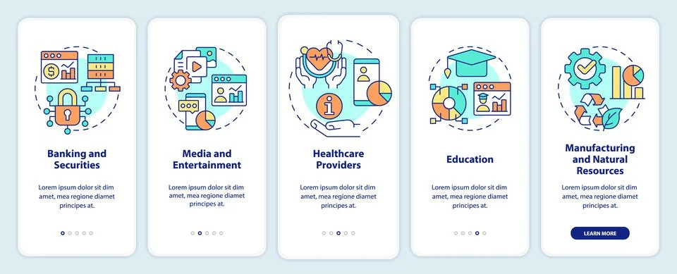 Types of big data applications onboarding mobile app screen Stock Illustration