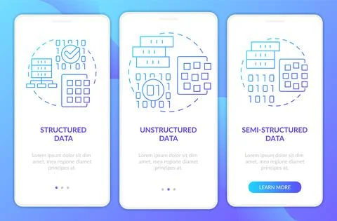 Types of big data blue gradient onboarding mobile app screen Stock Illustration