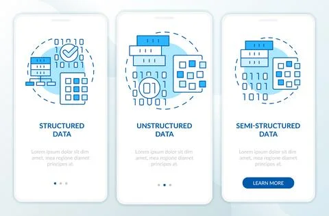 Types of big data blue onboarding mobile app screen Stock Illustration