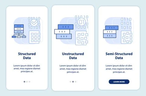 Types of big data light blue onboarding mobile app screen Stock Illustration