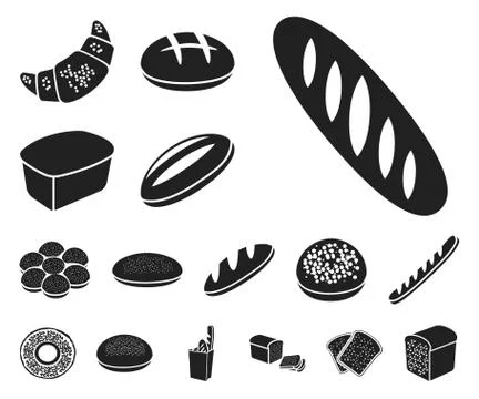 Types of bread black icons in set collection for design. Bakery products vector Illustrazione stock