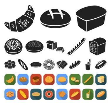 Types of bread black,flat icons in set collection for design. Bakery products Stock Illustration
